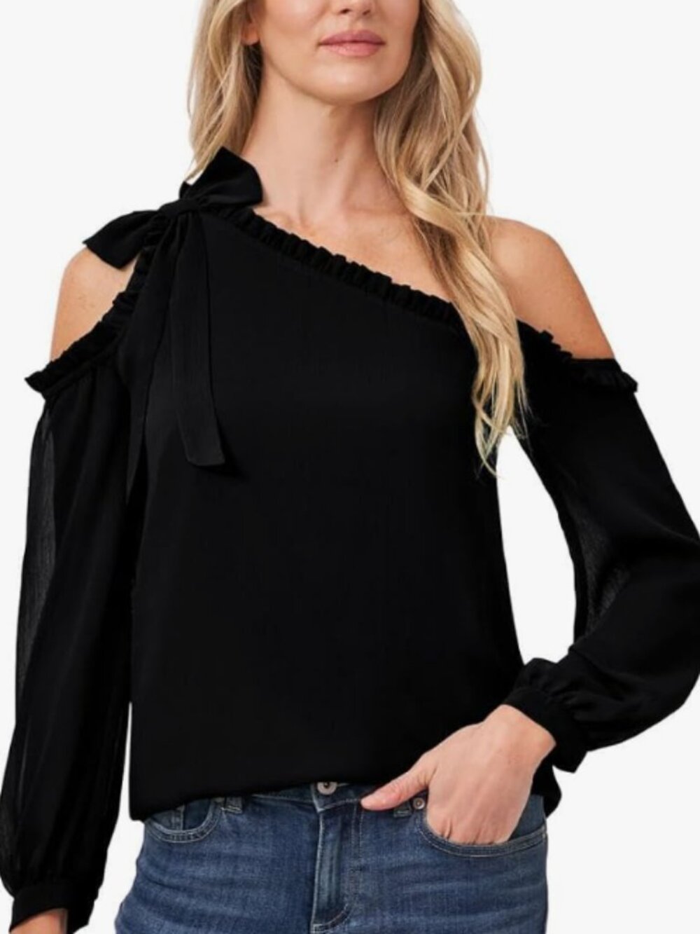 CeCe Womens Black Cold Shoulder Satin Blouse with Bow Sz M